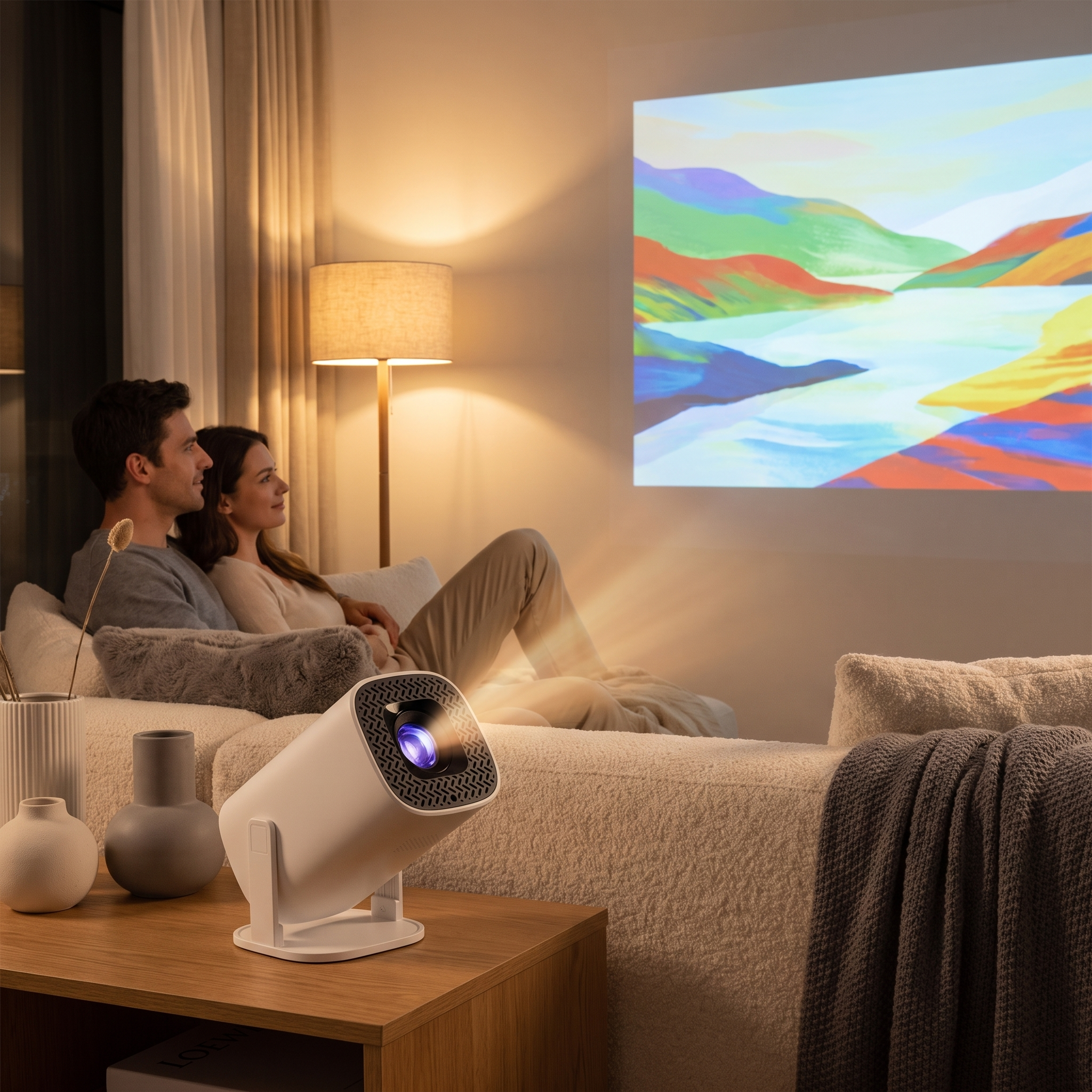 Couple watching a film projected onto a living room wall by the P30Pro mini projector