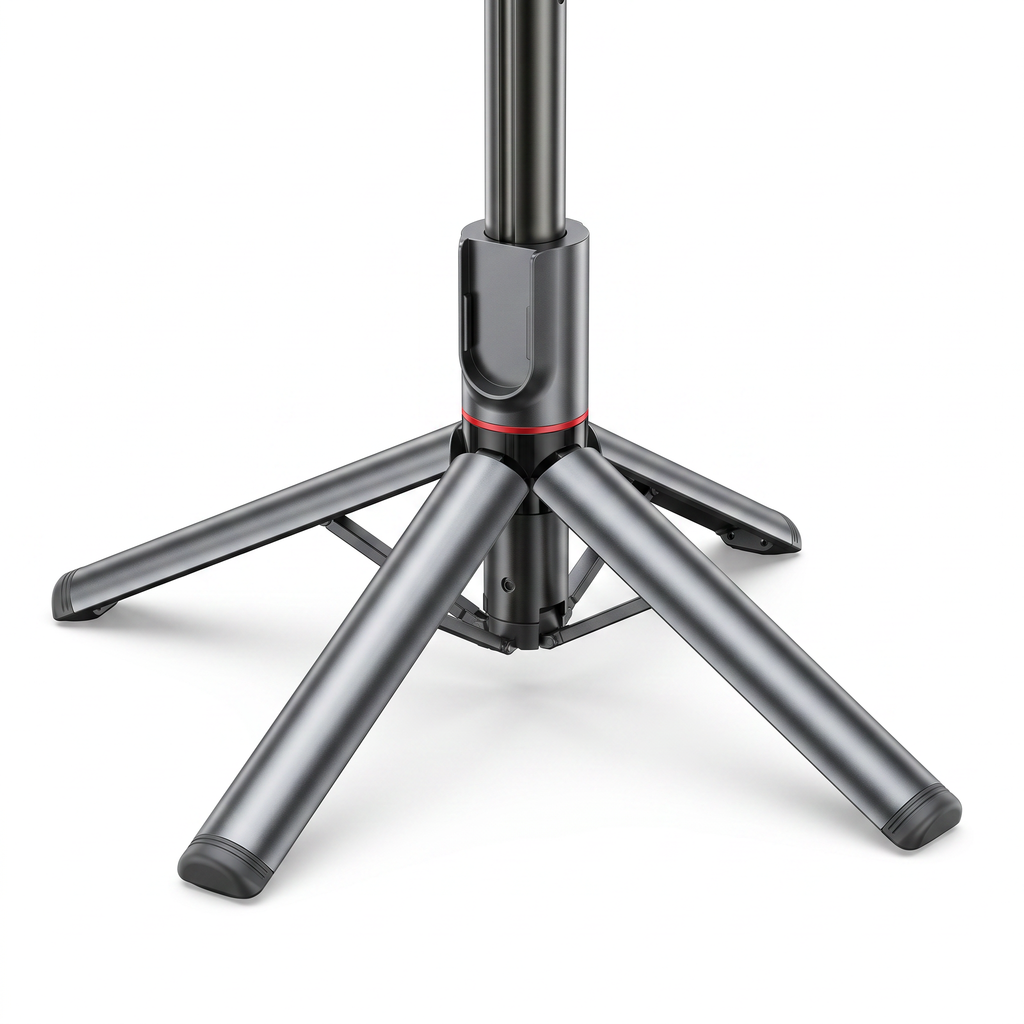 Close-up of the umbrella-style folding tripod legs opened out at the base of the selfie stick