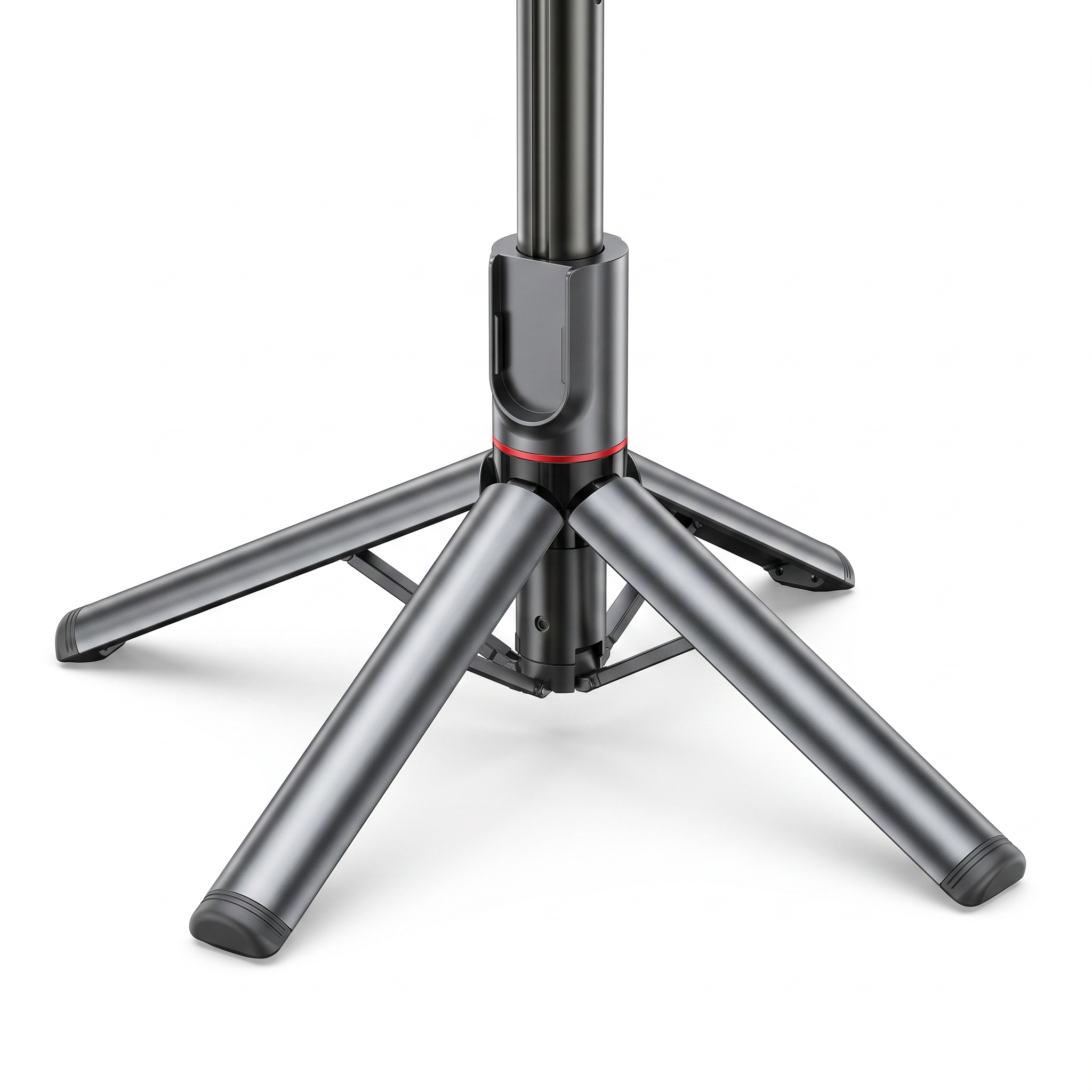 Close-up of the umbrella-style folding tripod legs opened out at the base of the selfie stick