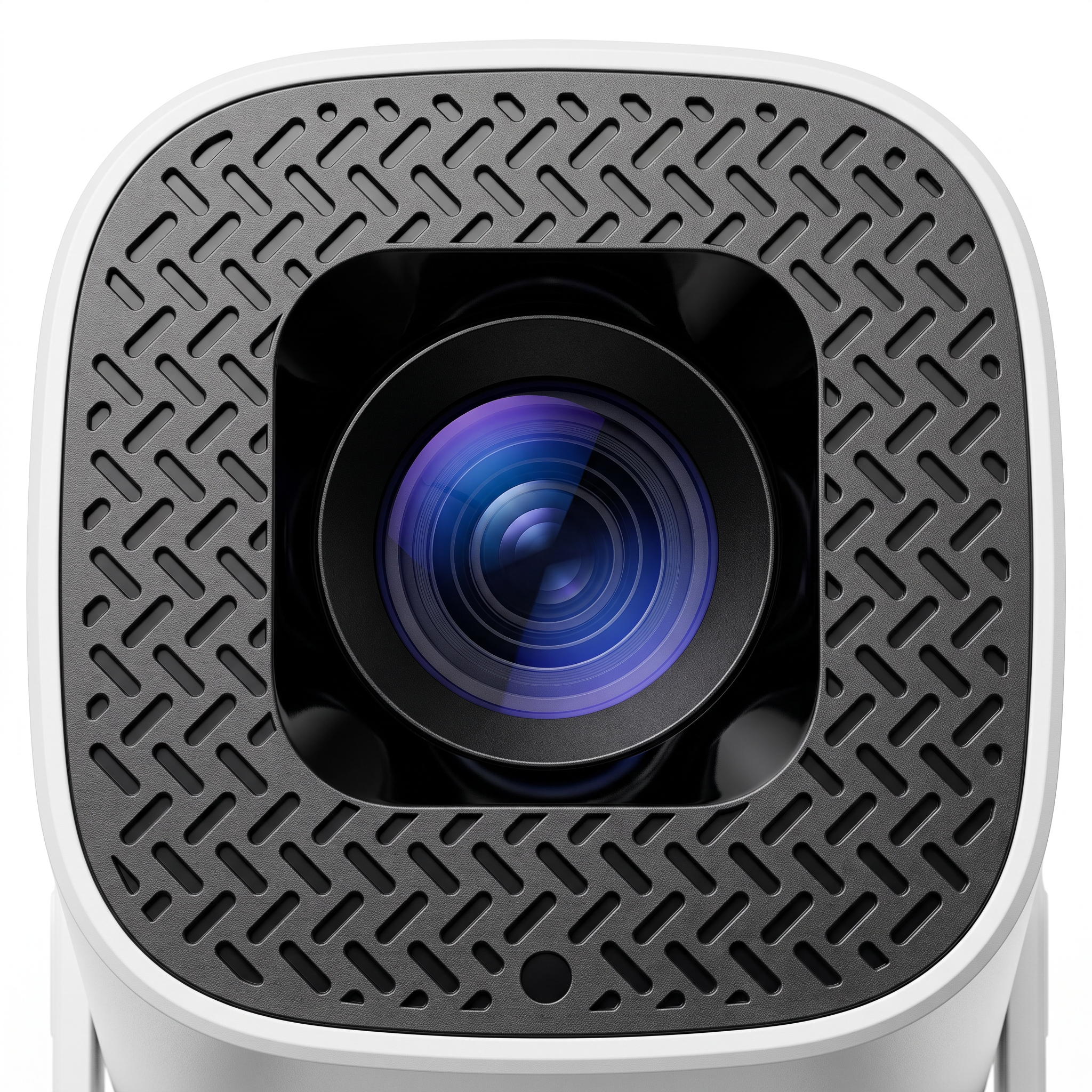 Macro close-up of the mini projector's textured front plate and multi-coated glass lens