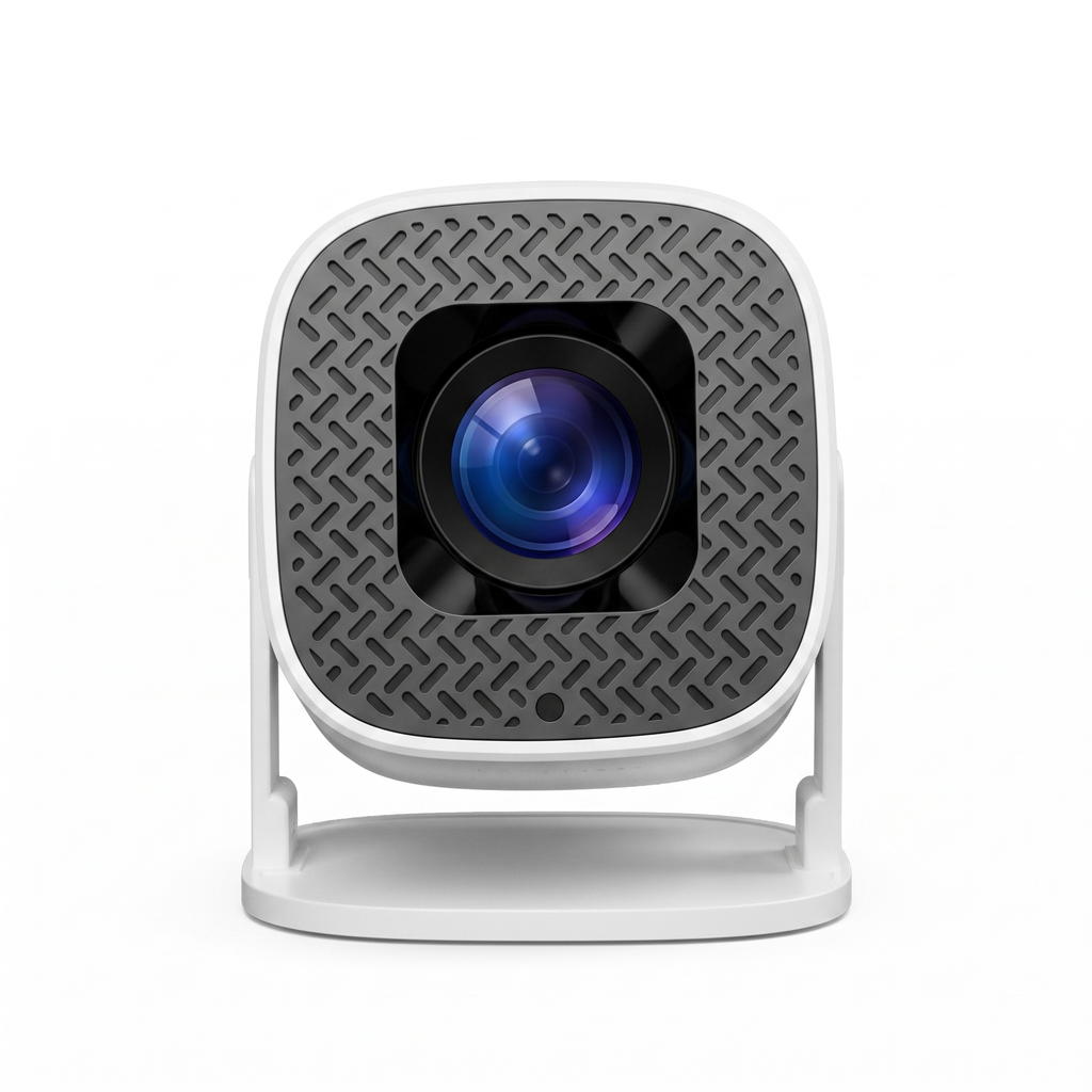 Front view of the mini projector showing the textured face plate and coated glass lens
