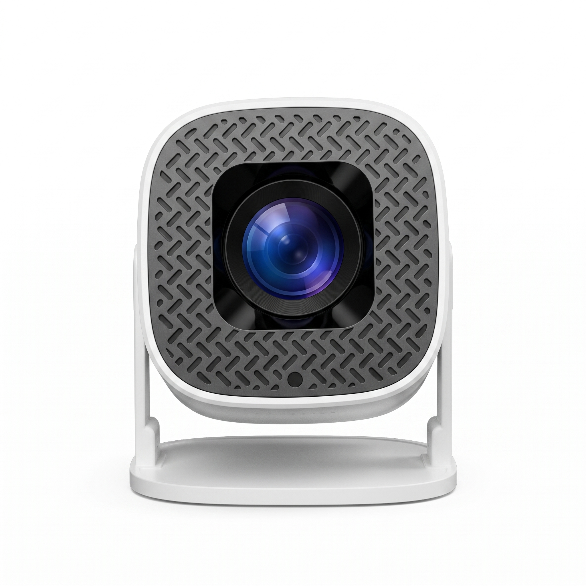 Front view of the mini projector showing the textured face plate and coated glass lens