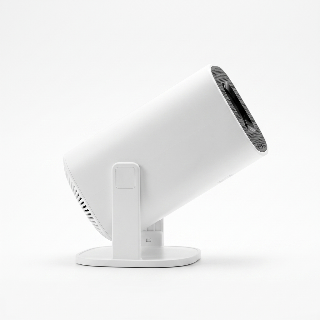 Side profile of the mini projector tilted upward in its stand, showing the pivot and vents
