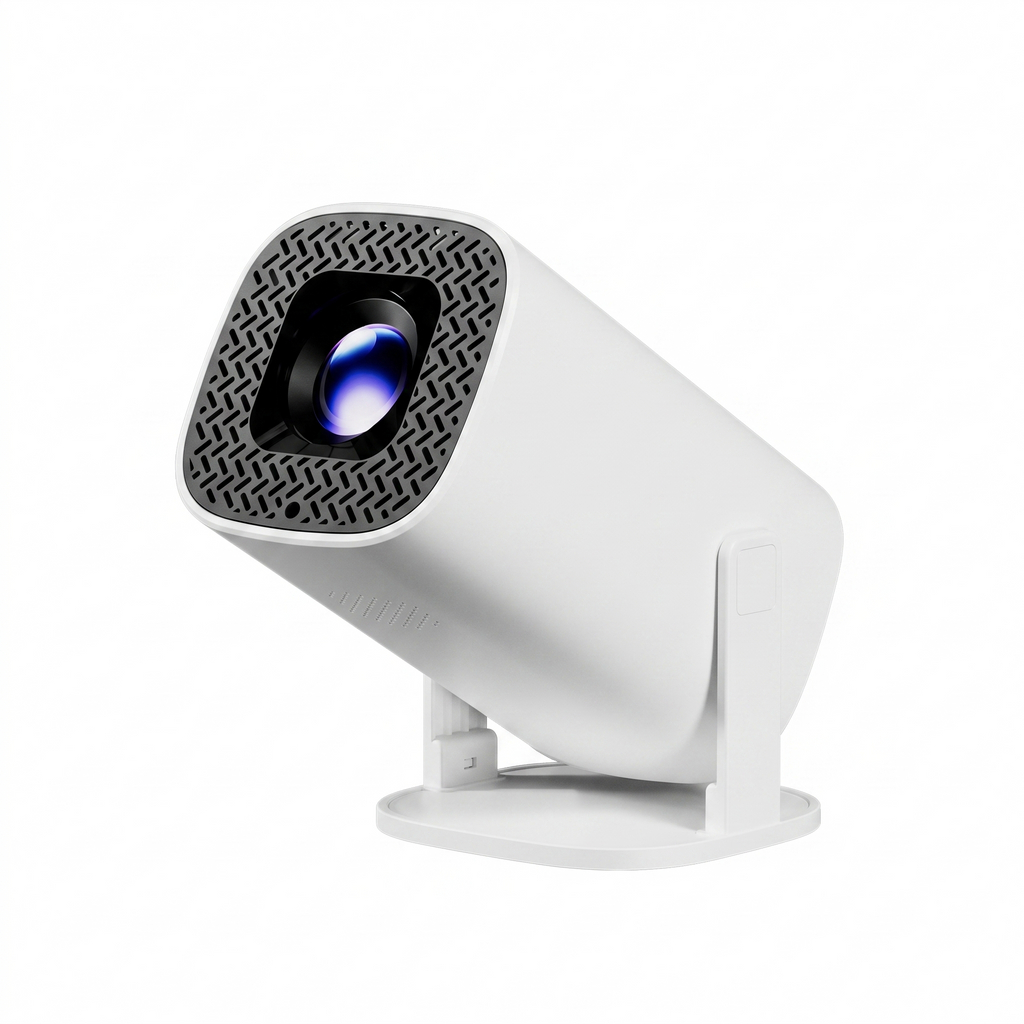 White P30Pro mini projector tilted in its yoke stand on a white background