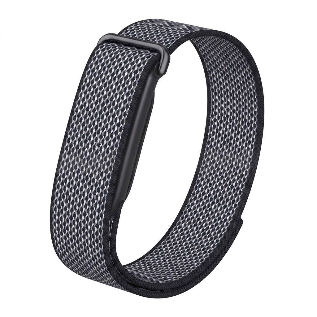 Obsidian woven nylon loop band compatible with Fitbit Air, showing the metal slider buckle and tracker carrier