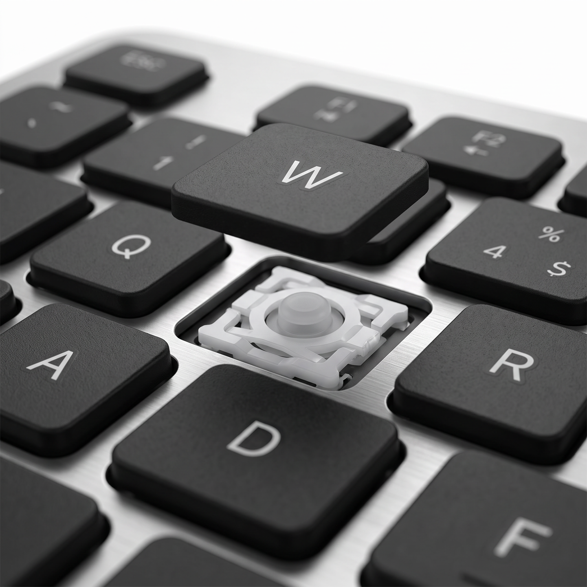 Macro of a lifted keycap revealing the low-profile scissor switch mechanism beneath