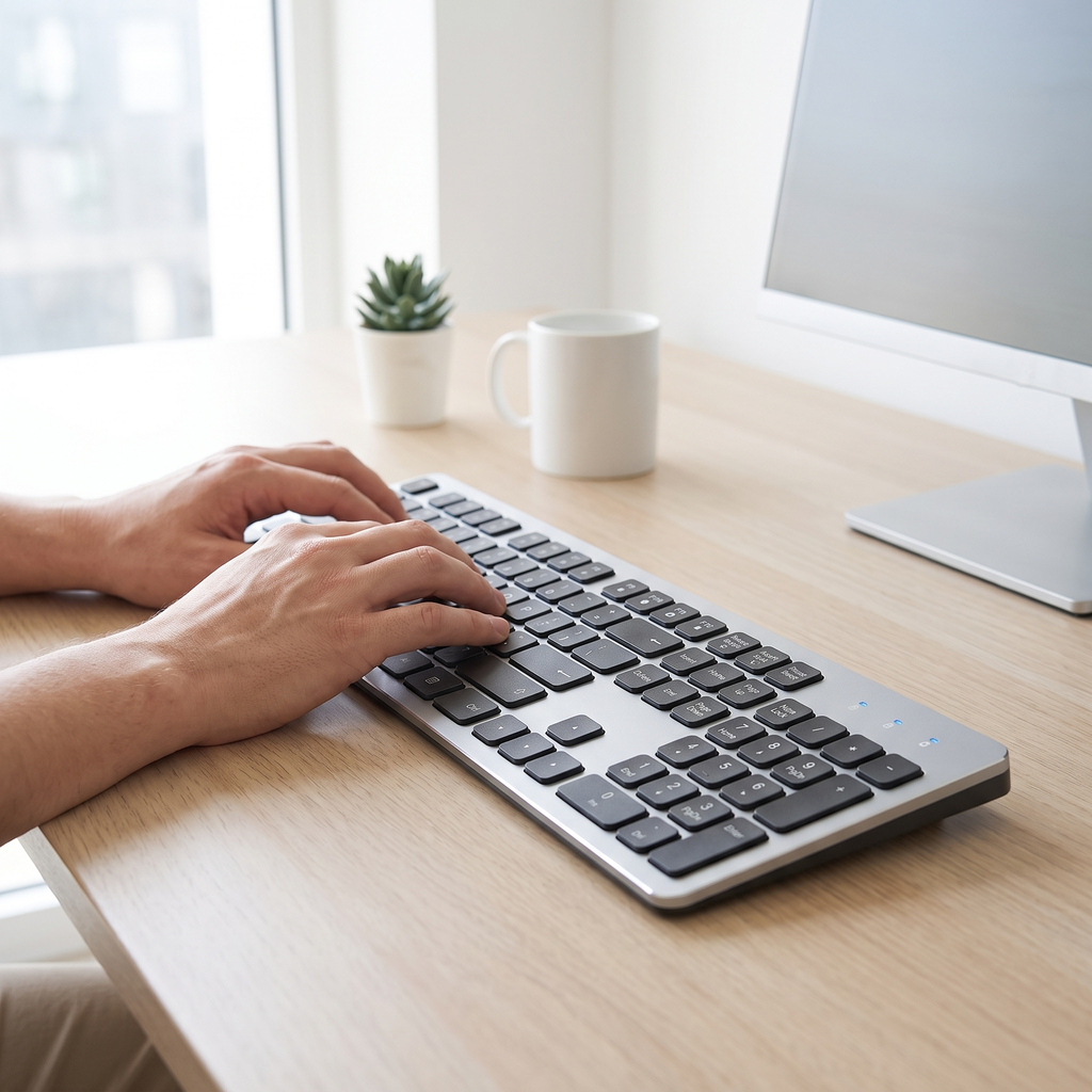 Hands typing on the ultra-slim wireless keyboard on a pale oak desk in a bright home office
