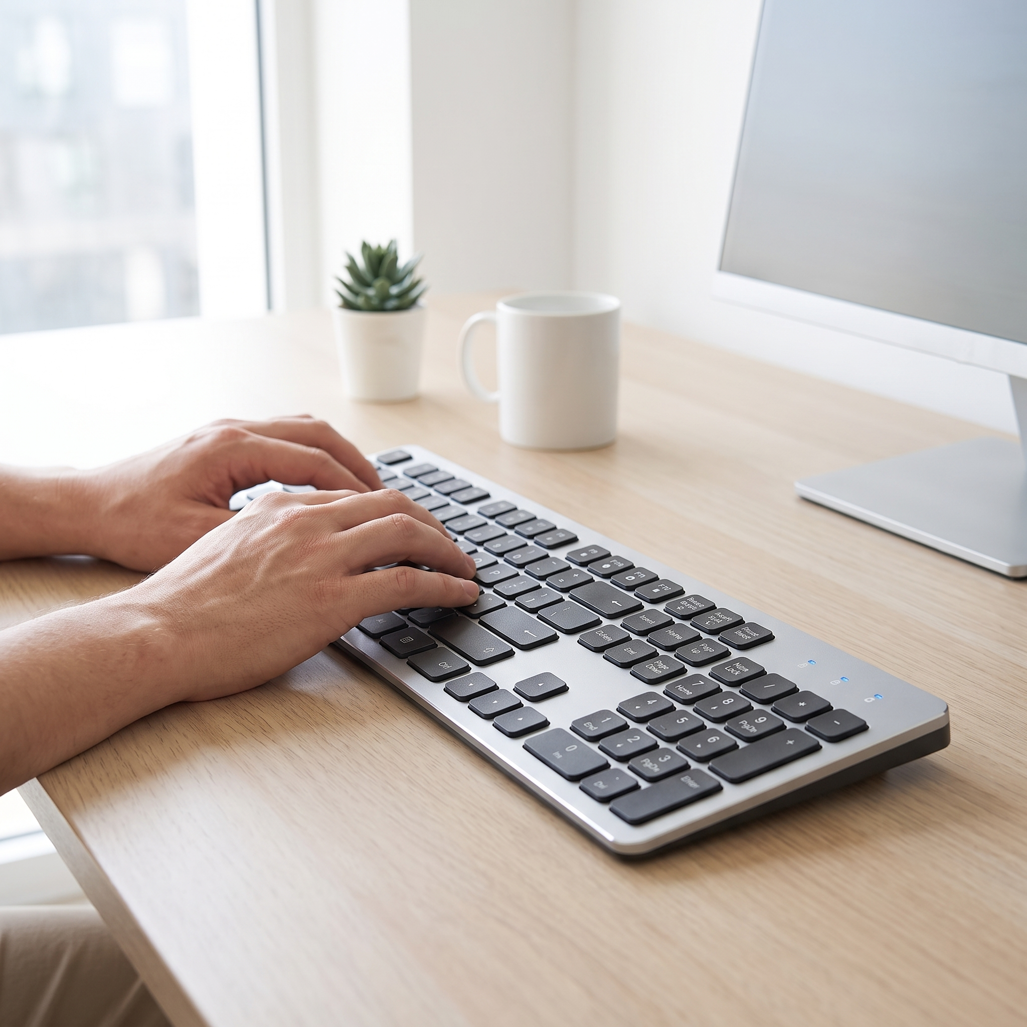 Hands typing on the ultra-slim wireless keyboard on a pale oak desk in a bright home office