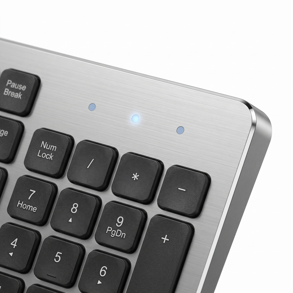 Close-up of the three blue status indicator lights and polished chamfer on the aluminium keyboard plate