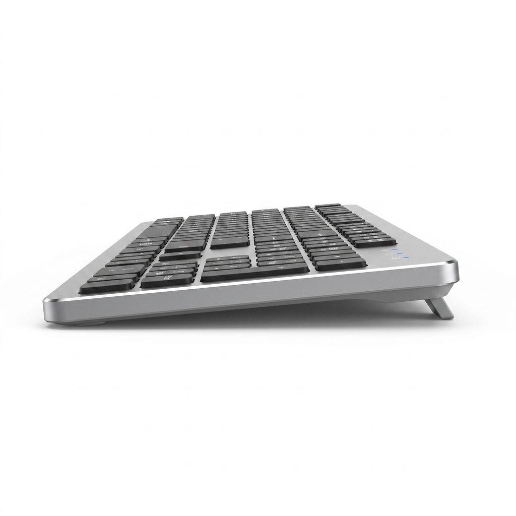 Side profile of the ultra-slim wireless keyboard showing the thin aluminium wedge and rear tilt foot