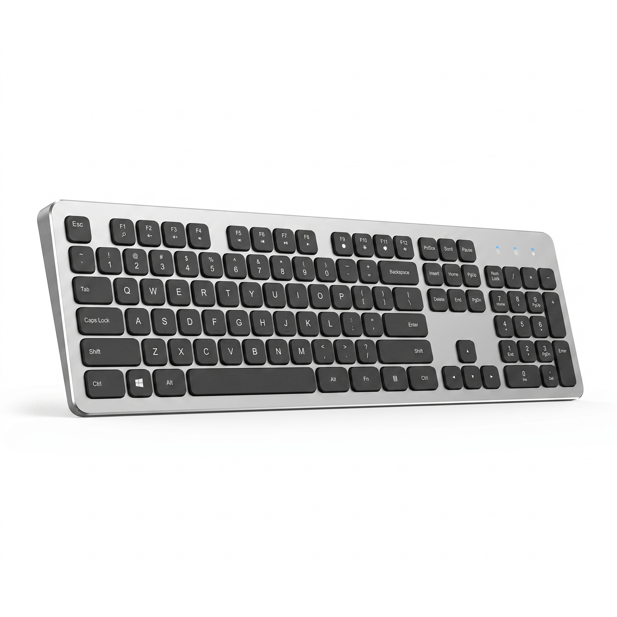 Ultra-slim wireless keyboard with brushed silver aluminium plate and dark scissor keycaps on a white background