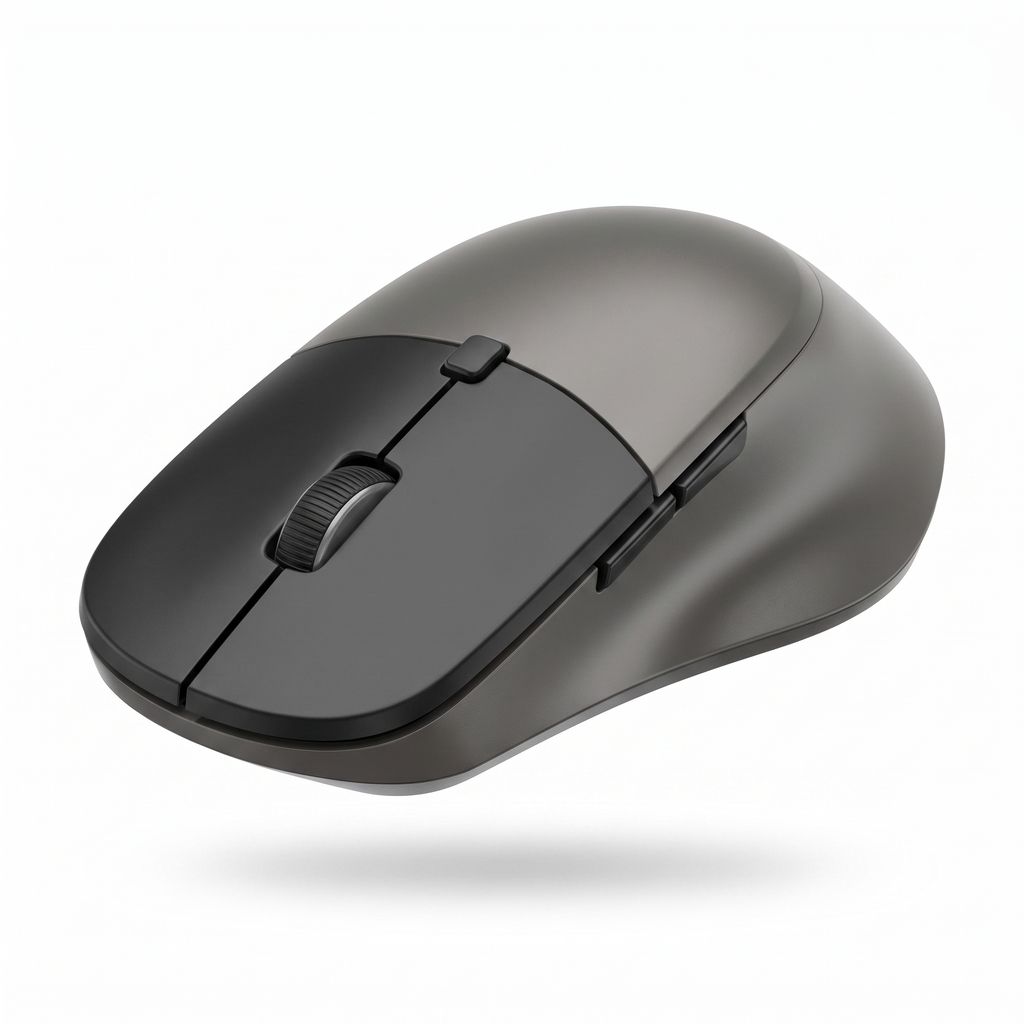 Grey and black ergonomic wireless mouse with contoured shell and scroll wheel