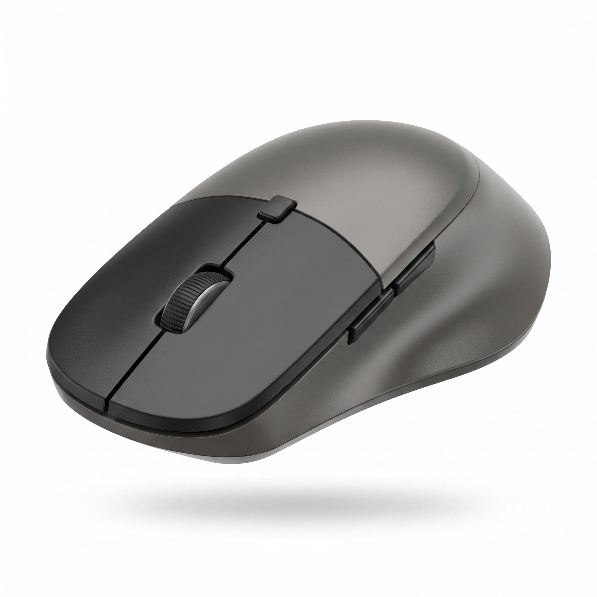Grey and black ergonomic wireless mouse with contoured shell and scroll wheel