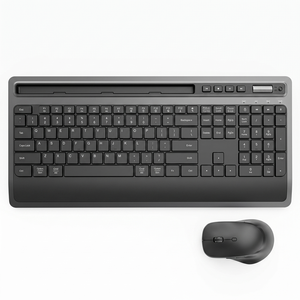 Top-down view of the grey and black wireless keyboard showing the full layout, tablet slot and silver volume roller
