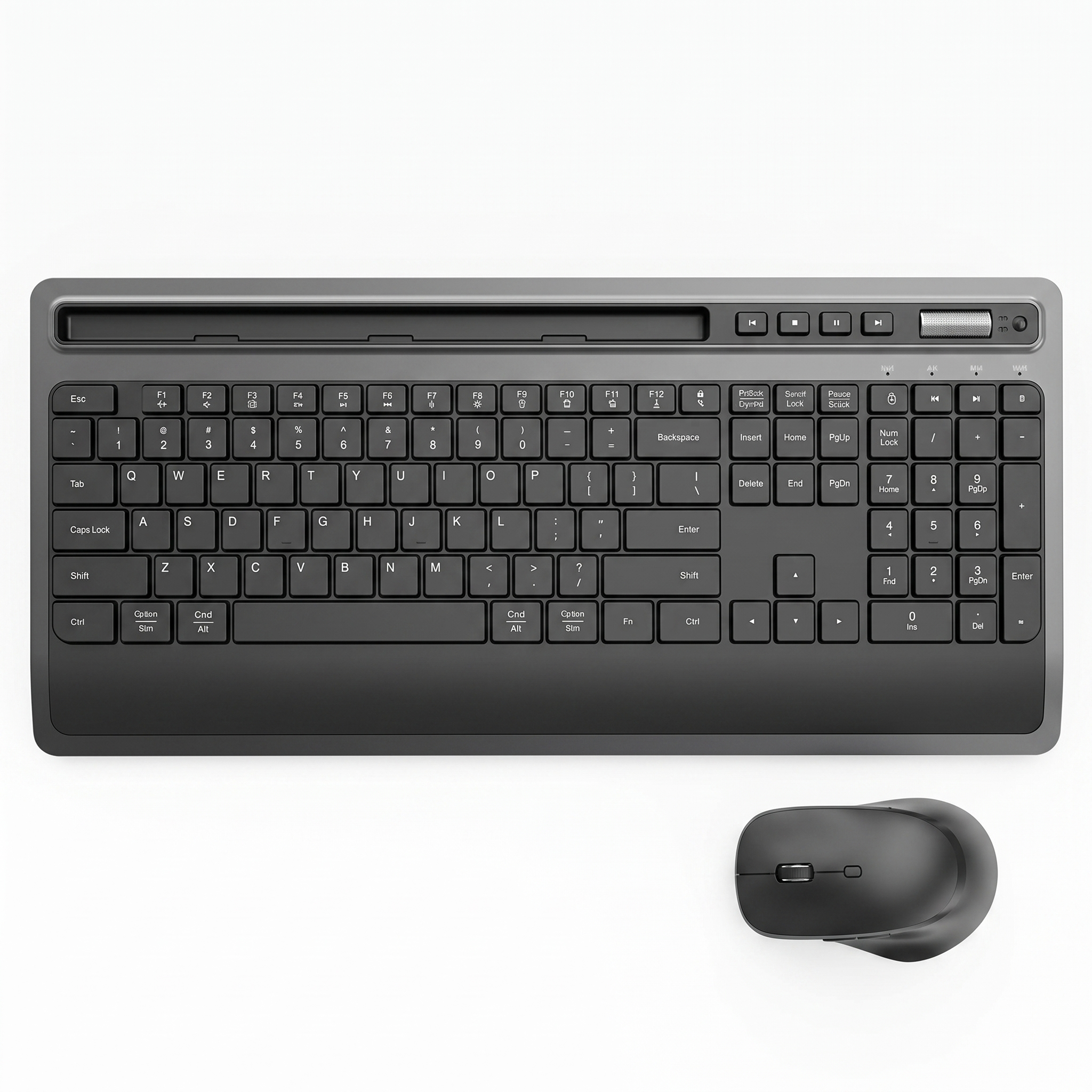 Top-down view of the grey and black wireless keyboard showing the full layout, tablet slot and silver volume roller