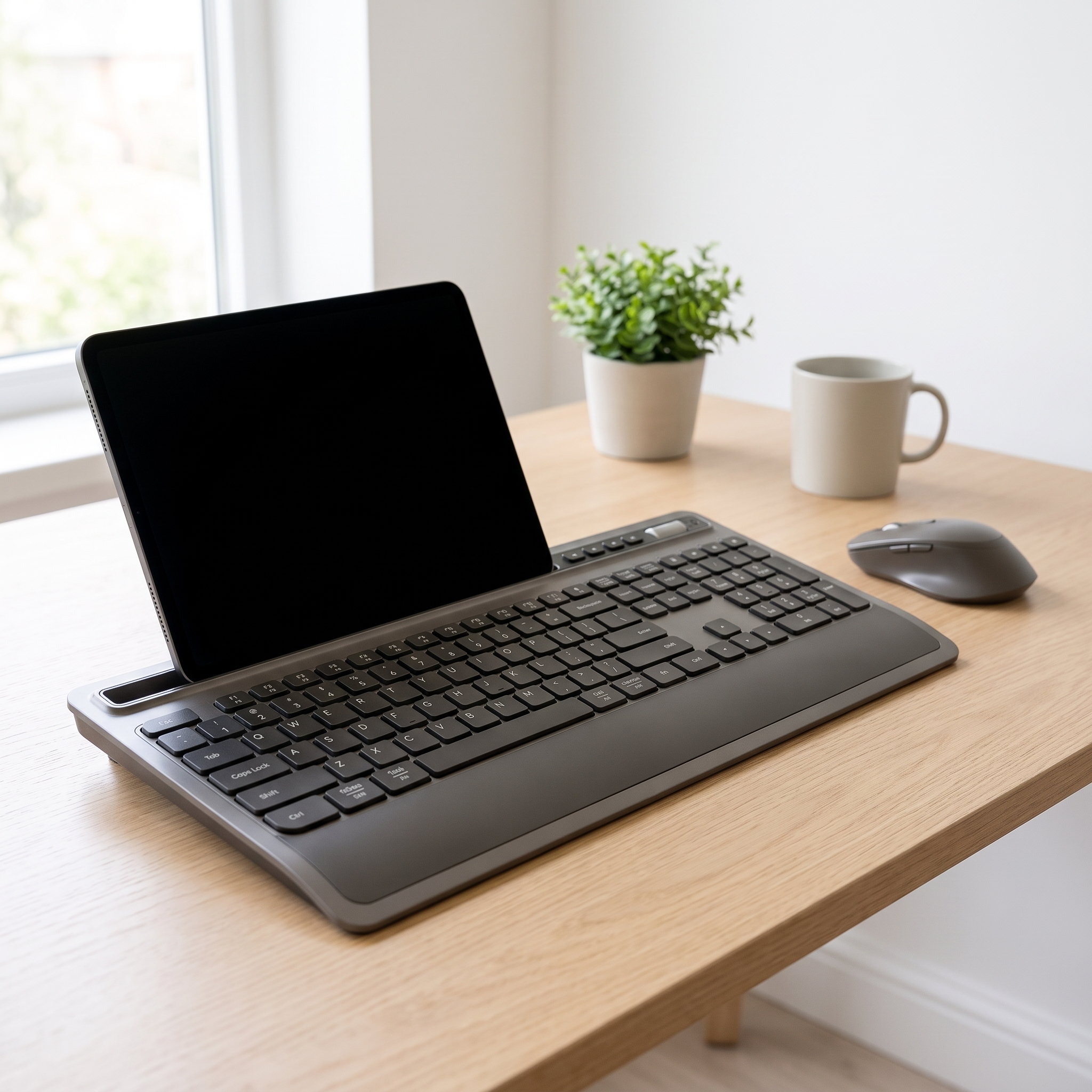 Grey and black wireless keyboard and mouse on a pale oak desk with a tablet propped in the built-in slot