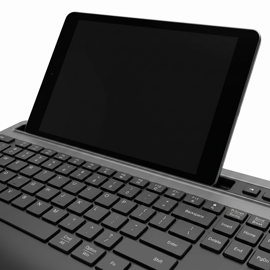 Close-up of a tablet resting in the keyboard's built-in slot above the black keycaps