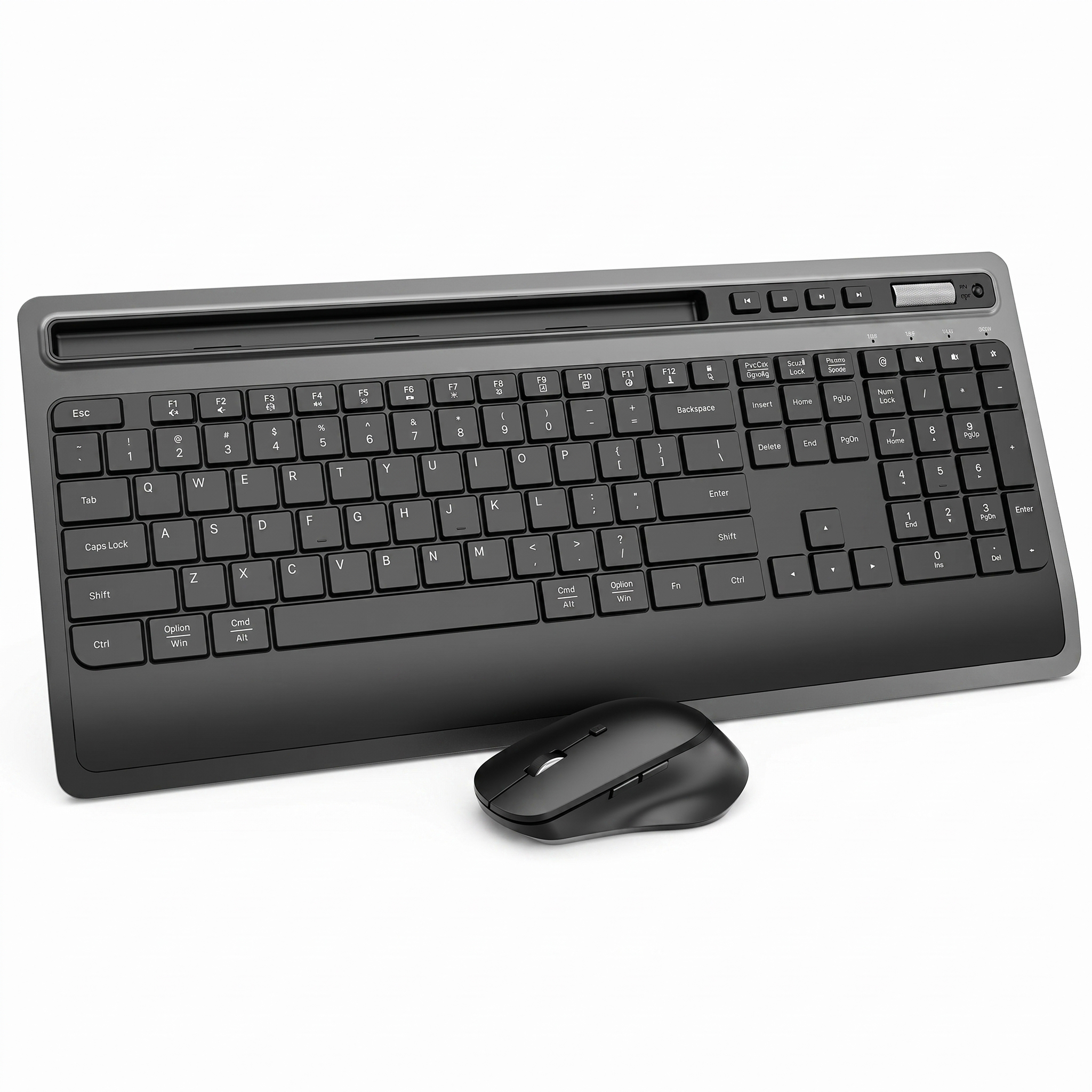 Grey and black wireless keyboard and mouse set with integrated tablet holder, on a white background