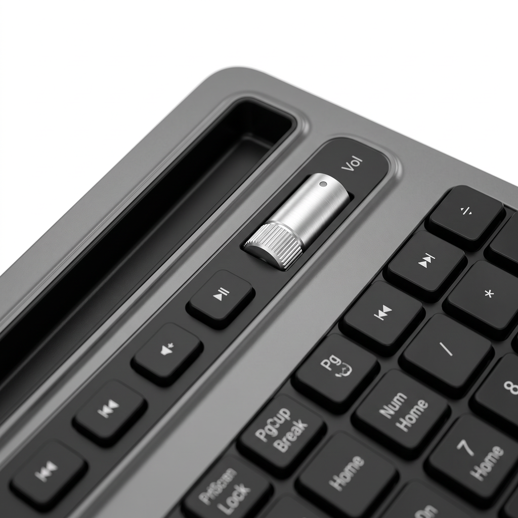 Close-up of the brushed silver aluminium volume roller and multimedia keys on the grey keyboard deck