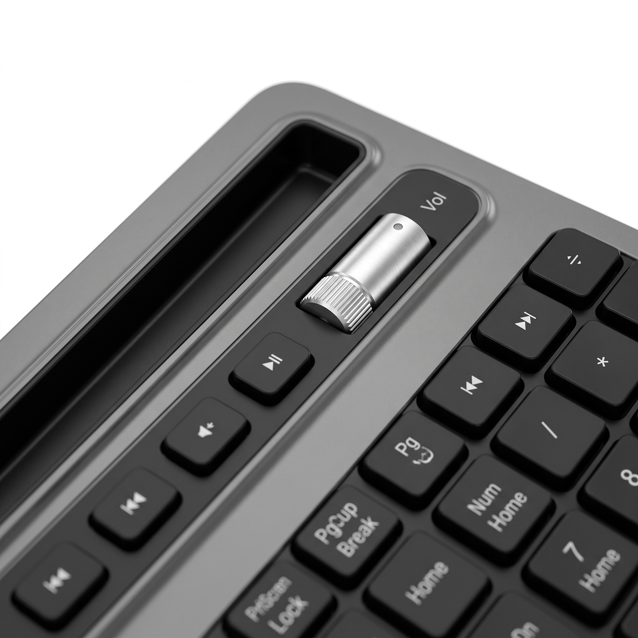 Close-up of the brushed silver aluminium volume roller and multimedia keys on the grey keyboard deck