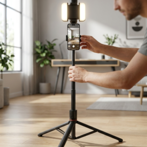 Floor-Standing Selfie Stick & Tripod with LED Fill Light - Extendable Live-Stream Stand